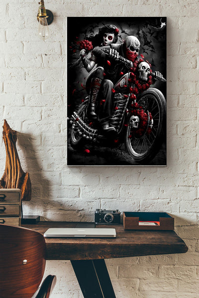 Tattoo Couple Skull Motorcycle Racing Halloween Poster Canvas Gallery Wrapped Canvas Framed Gift Idea