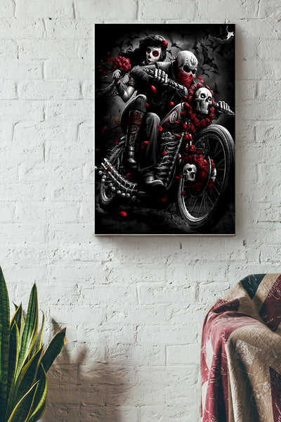 Tattoo Couple Skull Motorcycle Racing Halloween Poster Canvas Gallery Wrapped Canvas Framed Gift Idea