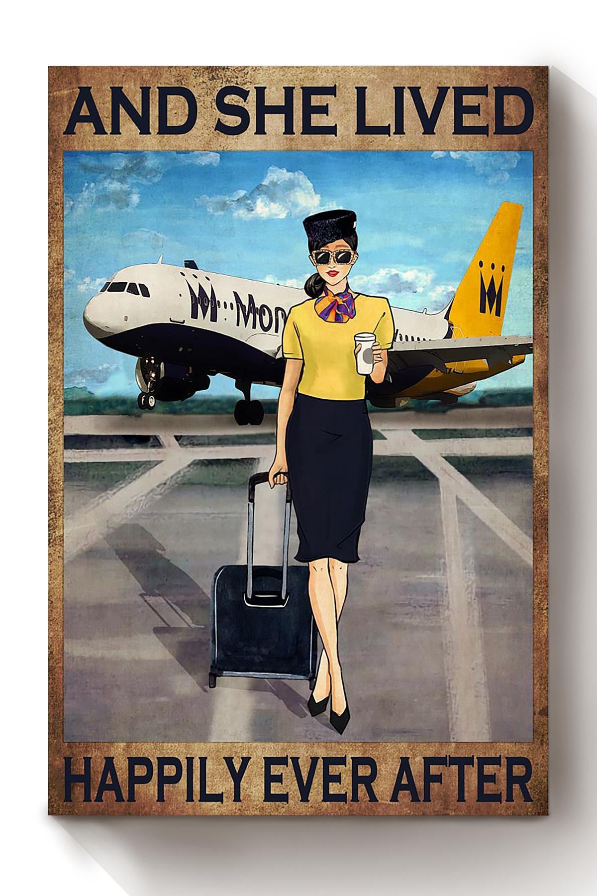 United Kingdom Female Flight Attendant Lived Happily Ever After Quote Aviation Gallery Canvas Wall ArtGift For Girl Loves Travelling Canvas Framed Prints, Canvas