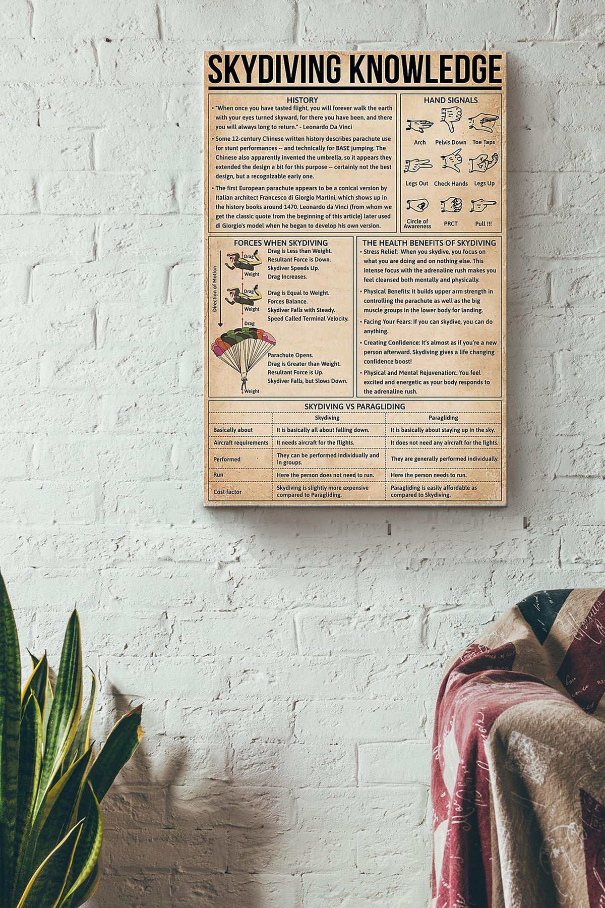 Skydiving Knowledge Things You Need To Know About Skydiving Poster Canvas Gallery Wrapped Canvas Framed Gift Idea