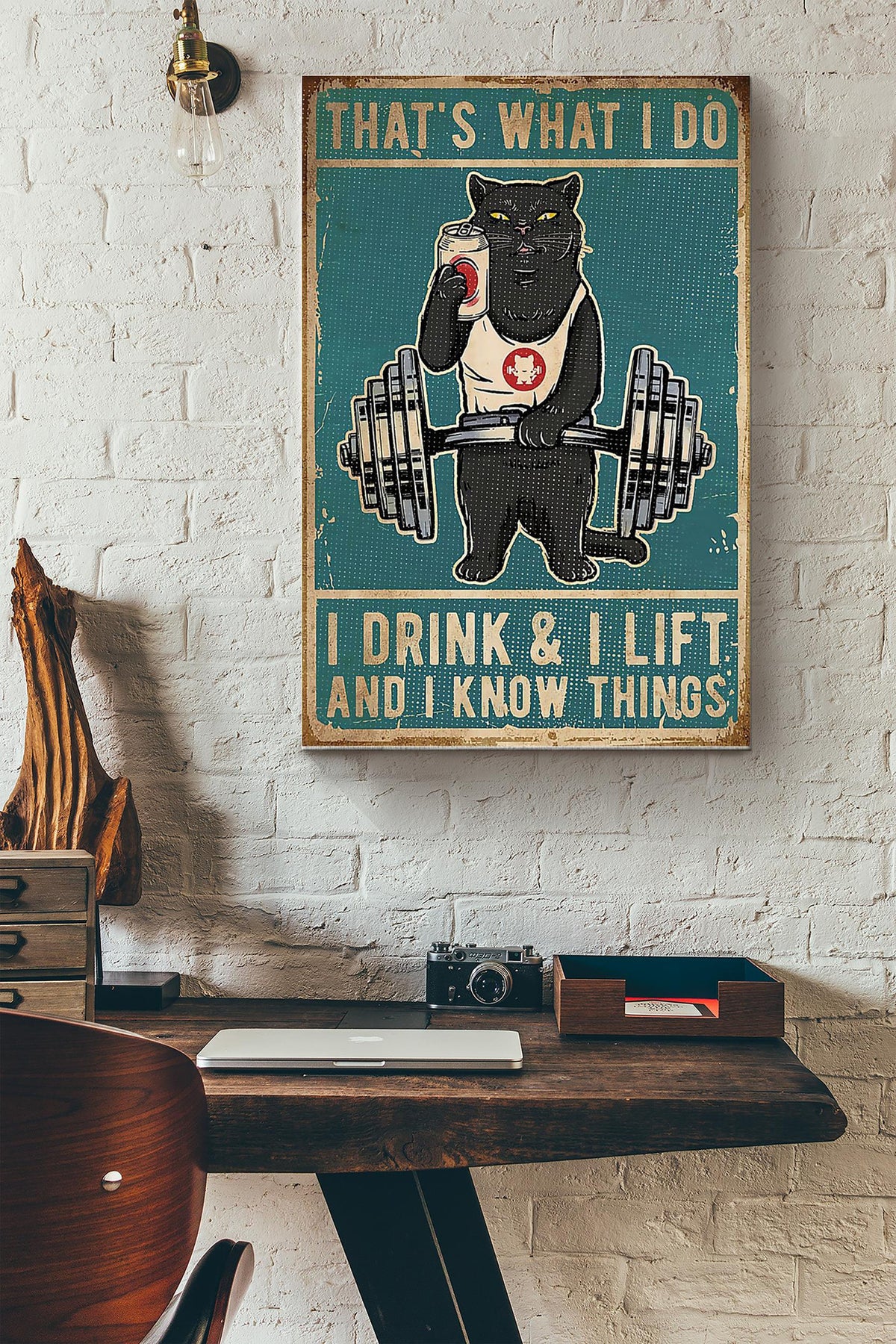 Thats What I Do I Drink Coke And I Lift And I Know Things Black Cat Fitness Poster Canvas Gallery Wrapped Canvas Framed Gift Idea