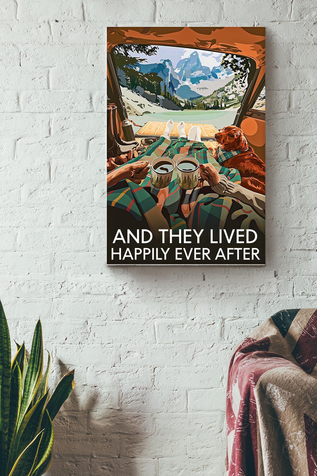 They Lived Happily Ever After Camping Vintage Poster - Decor Gallery Canvas Wall Art- Gift For Camper Couple Traveling Lover Wife Husband Canvas Gallery Wrapped Canvas Framed Gift Idea Framed Prints, Canvas