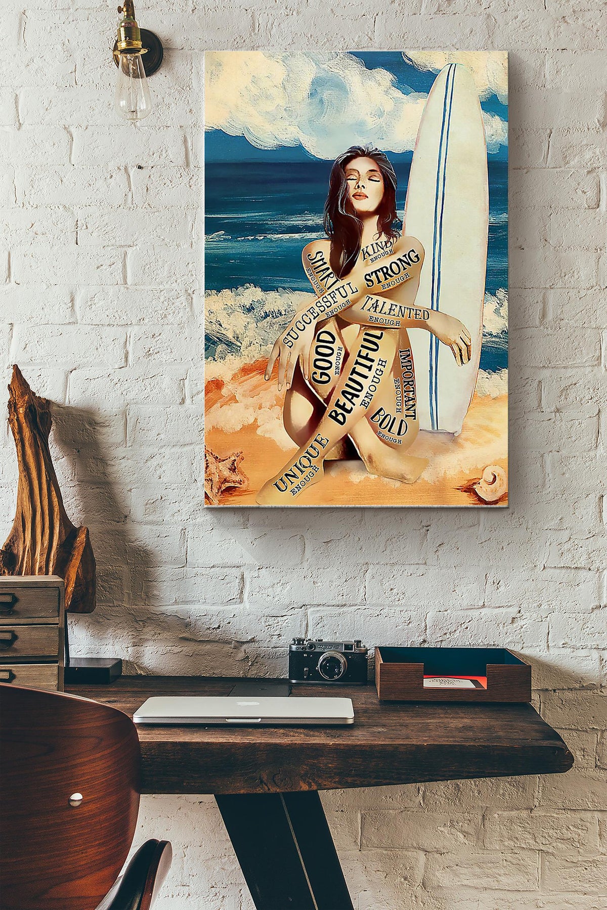 Surfing Girl On The Beach Art Poster Canvas Gallery Wrapped Canvas Framed Gift Idea