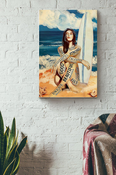 Surfing Girl On The Beach Art Poster Canvas Gallery Wrapped Canvas Framed Gift Idea