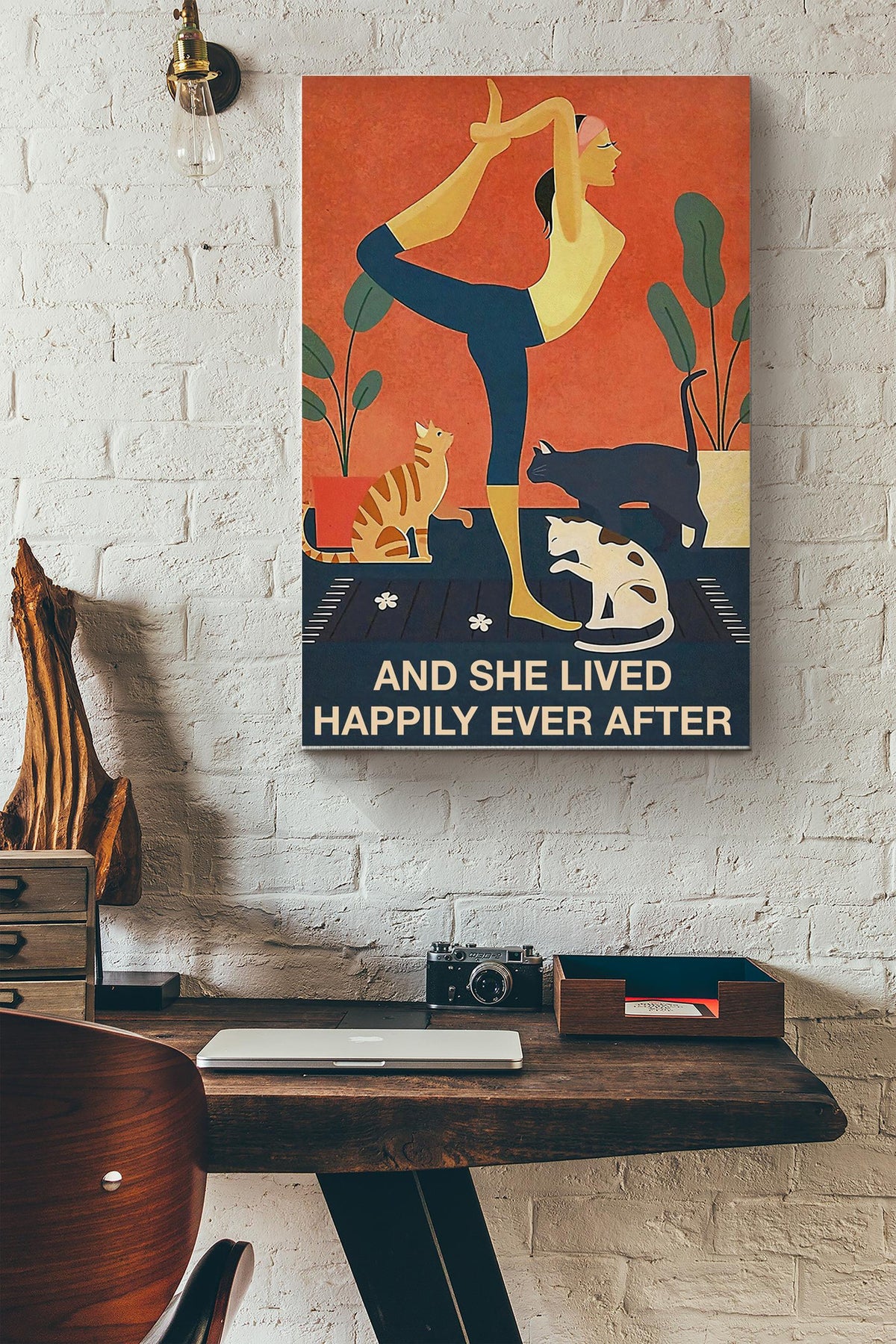She Lived Happily Ever After Vintage Poster - Decor Gallery Canvas Wall Art- Gift For Cats Lover Girl Yoga Lover Fitness Lover Canvas Gallery Wrapped Canvas Framed Gift Idea Framed Prints, Canvas