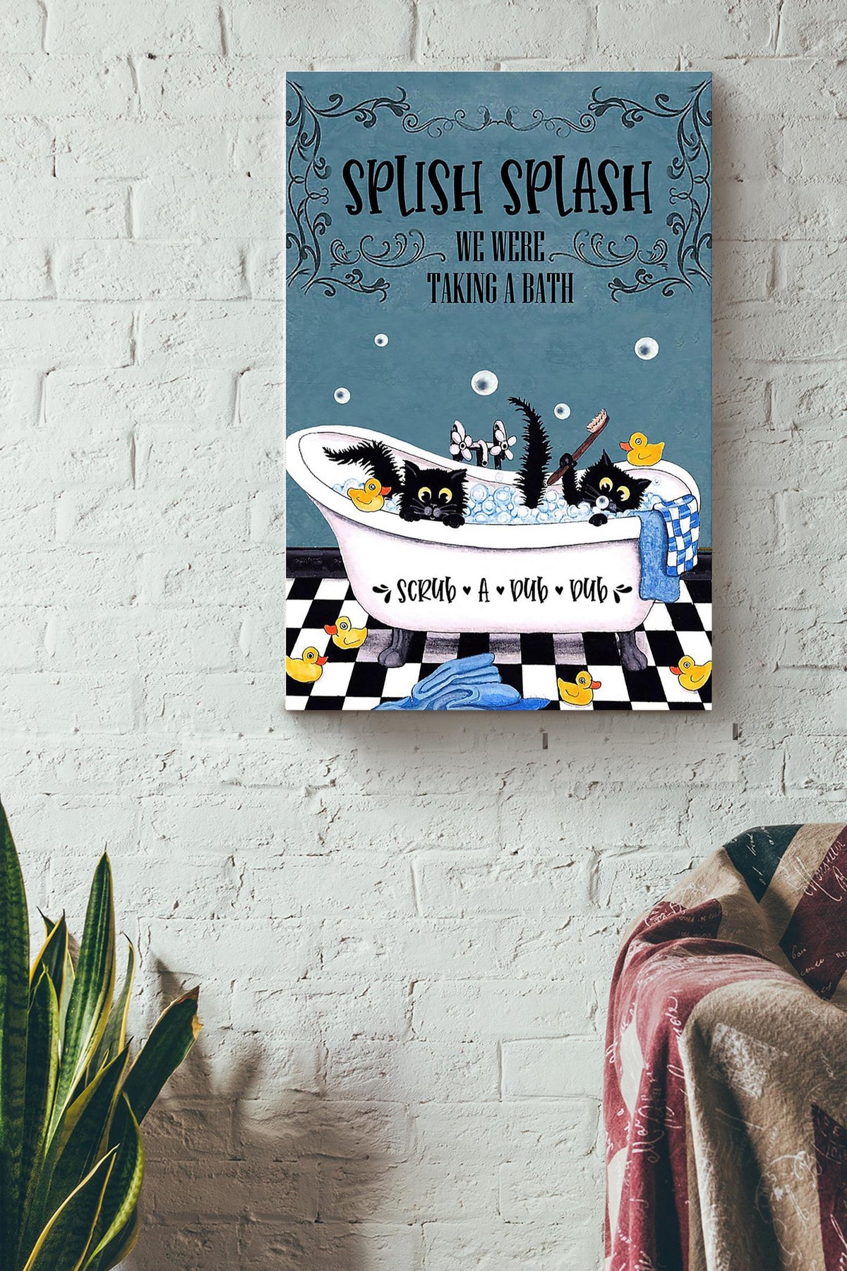 Splish Splash We Were Taking A Bath Gift For Black Cat Lover Bathroom Decor Canvas