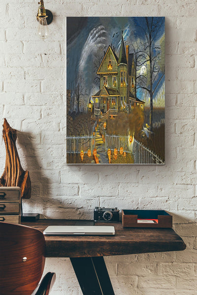 Witch House In Midnight Poster - Halloween Gallery Canvas Wall Art- Gift For Housewarming Party Home Decor Halloween Canvas Gallery Wrapped Canvas Framed Gift Idea Framed Prints, Canvas