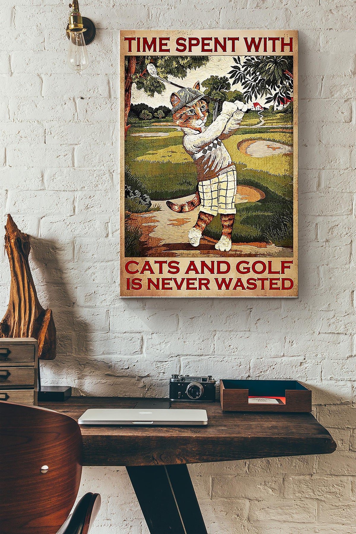Time Spent With Cats And Golf Is Never Wasted Cat Playing Golf Poster Canvas Gallery Wrapped Canvas Framed Gift Idea