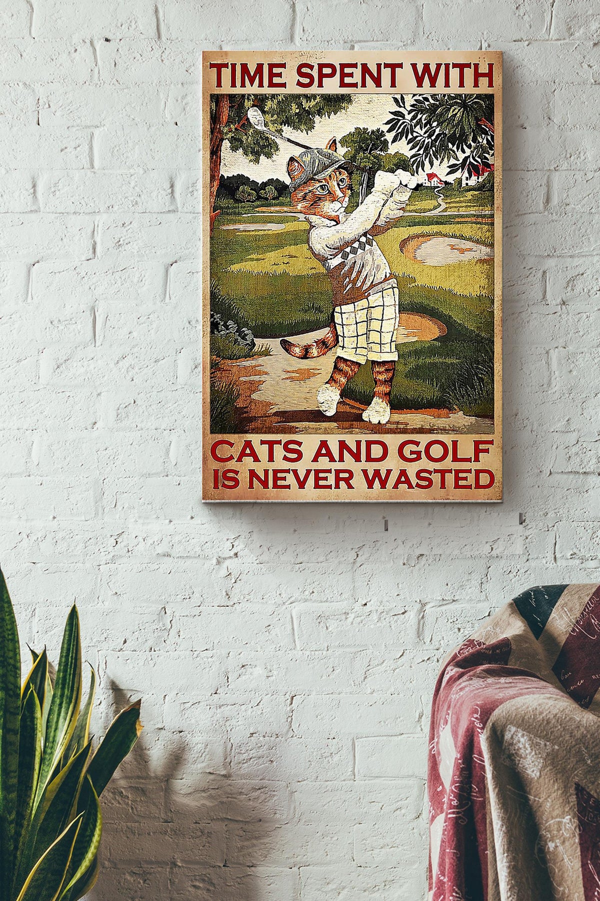 Time Spent With Cats And Golf Is Never Wasted Cat Playing Golf Poster Canvas Gallery Wrapped Canvas Framed Gift Idea