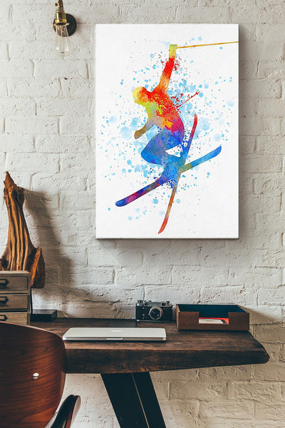 Skiing Watercolor Colorful Poster Canvas Gallery Wrapped Canvas Framed Gift Idea