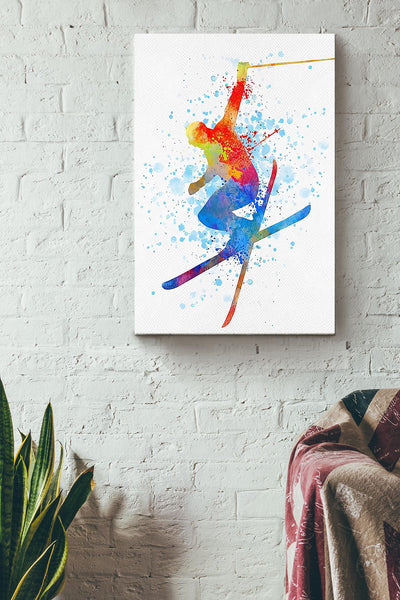 Skiing Watercolor Colorful Poster Canvas Gallery Wrapped Canvas Framed Gift Idea