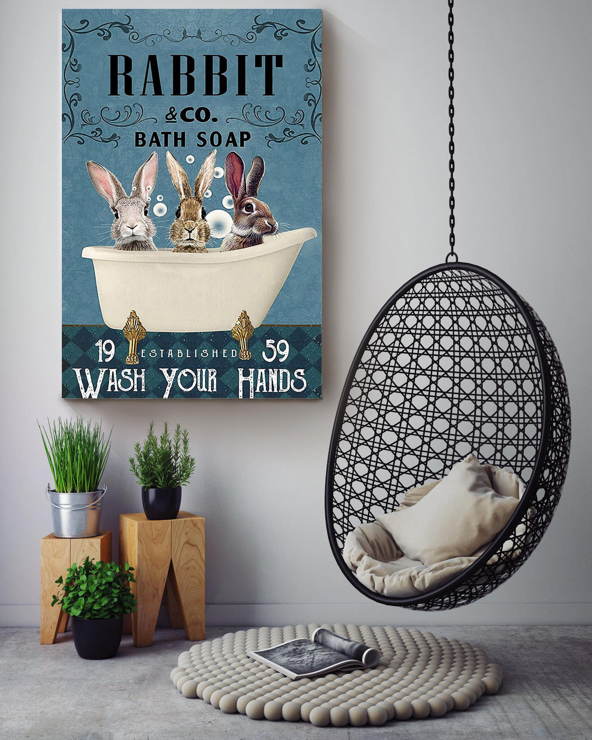 Wash Your Hands Poster For Bathroom Decor Rabbit Lover Gift Canvas