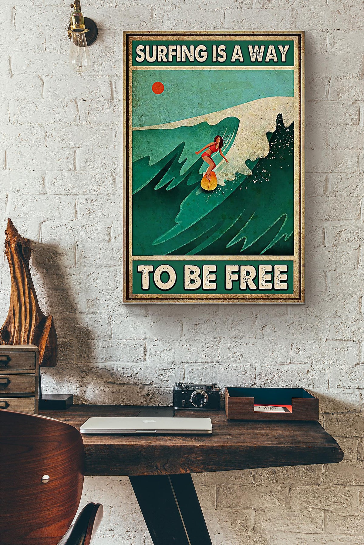 Surfing Is A Way To Be Free Vintage Poster Canvas Gallery Wrapped Canvas Framed Gift Idea