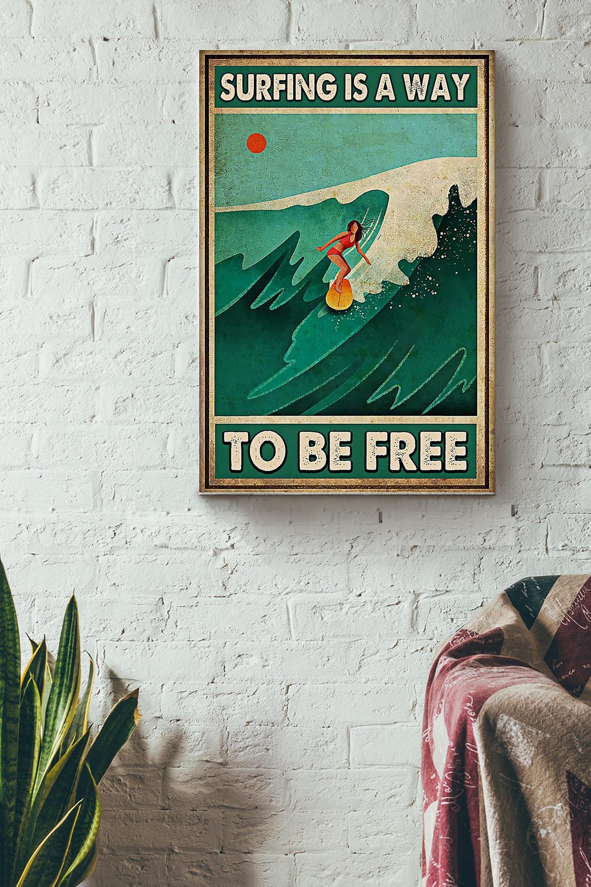 Surfing Is A Way To Be Free Vintage Poster Canvas Gallery Wrapped Canvas Framed Gift Idea