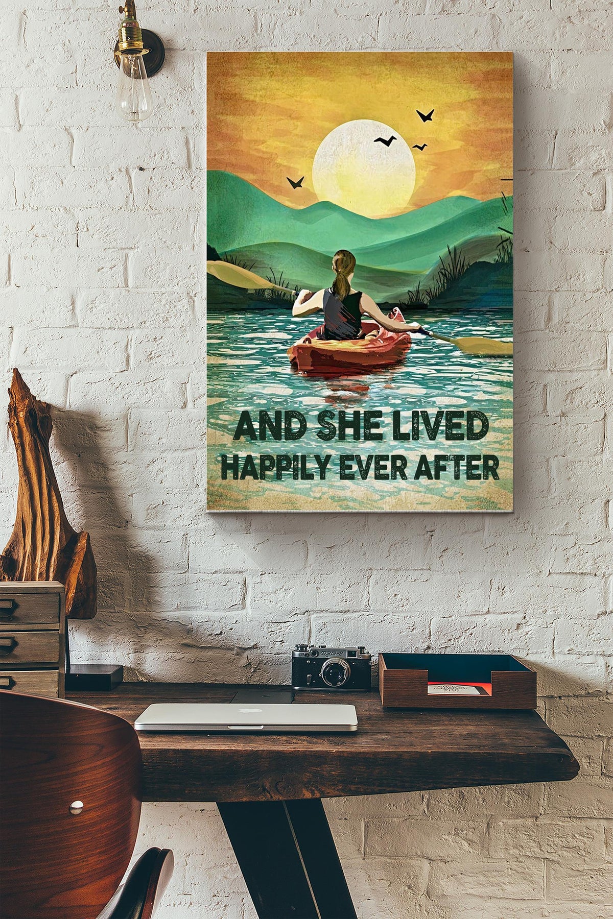 She Lived Happily Ever After Vintage Poster - Decor Gallery Canvas Wall Art- Gift For Athletes Kayaker Kayaking Lover Traveling Lover Canvas Gallery Wrapped Canvas Framed Gift Idea Framed Prints, Canvas