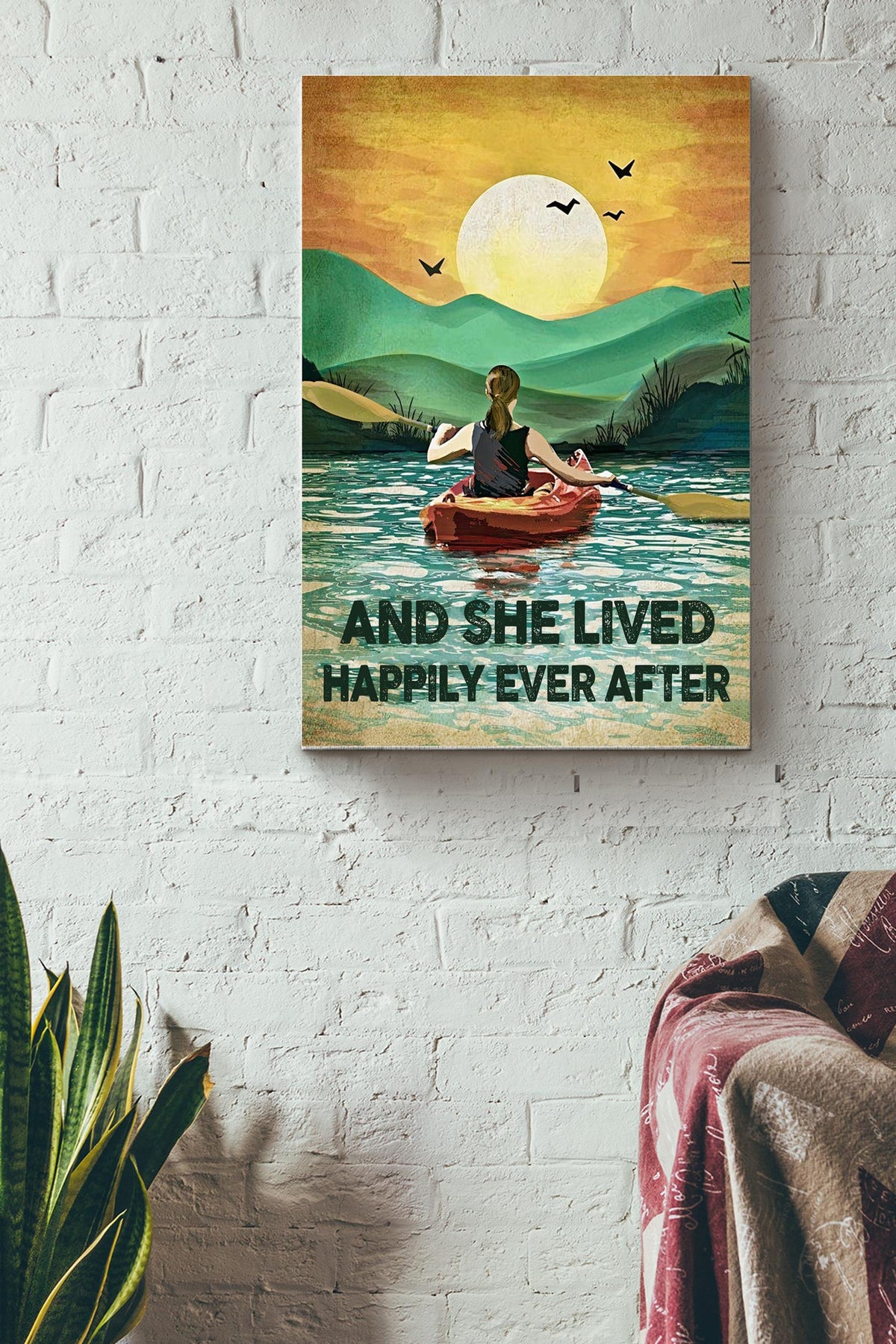 She Lived Happily Ever After Vintage Poster - Decor Gallery Canvas Wall Art- Gift For Athletes Kayaker Kayaking Lover Traveling Lover Canvas Gallery Wrapped Canvas Framed Gift Idea Framed Prints, Canvas