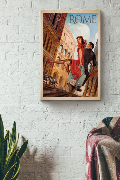 Vintage Visit Rome Travel Poster Art Print Canvas Gallery Wrapped Canvas Framed Gift Idea