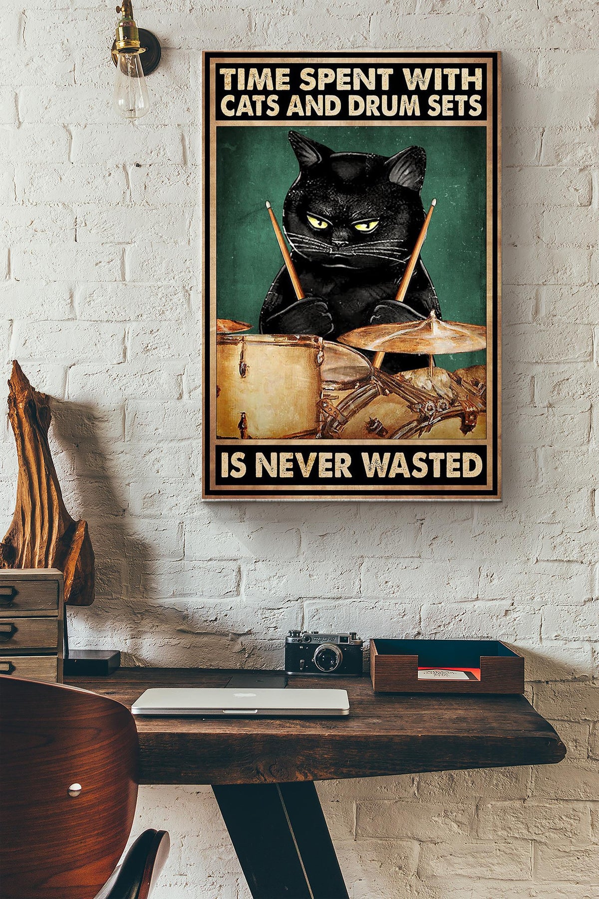 Time Spent With Cats And Drum Sets Is Never Wasted Black Cat Play Drum Poster Canvas Gallery Wrapped Canvas Framed Gift Idea