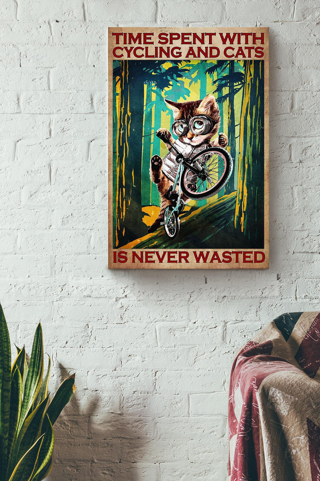 Time Spent With Cycling And Cats Is Never Wasted Poster Gift For Cyclist Cat Lover Canvas