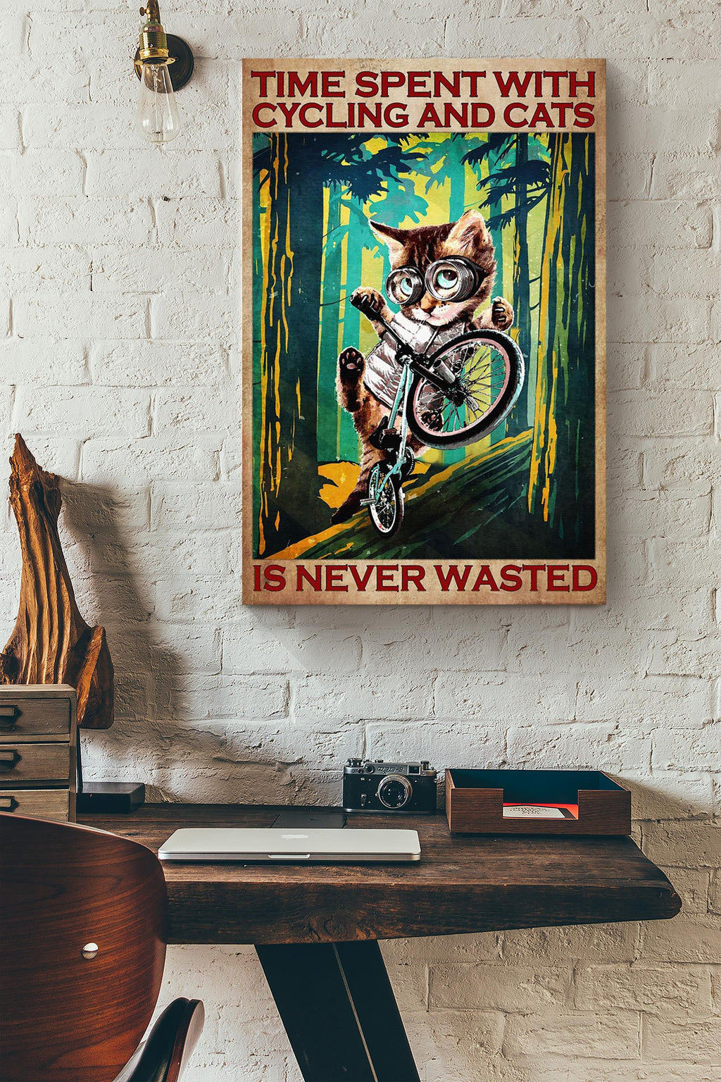 Time Spent With Cycling And Cats Is Never Wasted Poster Gift For Cyclist Cat Lover Canvas