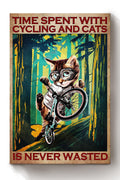 Time Spent With Cycling And Cats Is Never Wasted Poster Gift For Cyclist Cat Lover Canvas