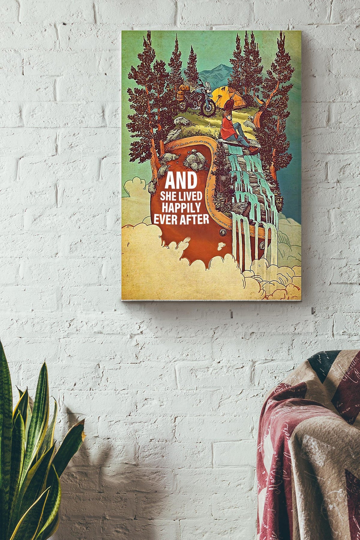 She Lived Happily Ever After Vintage Poster - Decor Gallery Canvas Wall Art- Gift For Camper Camping Lover Traveling Lover Canvas Gallery Wrapped Canvas Framed Gift Idea Framed Prints, Canvas