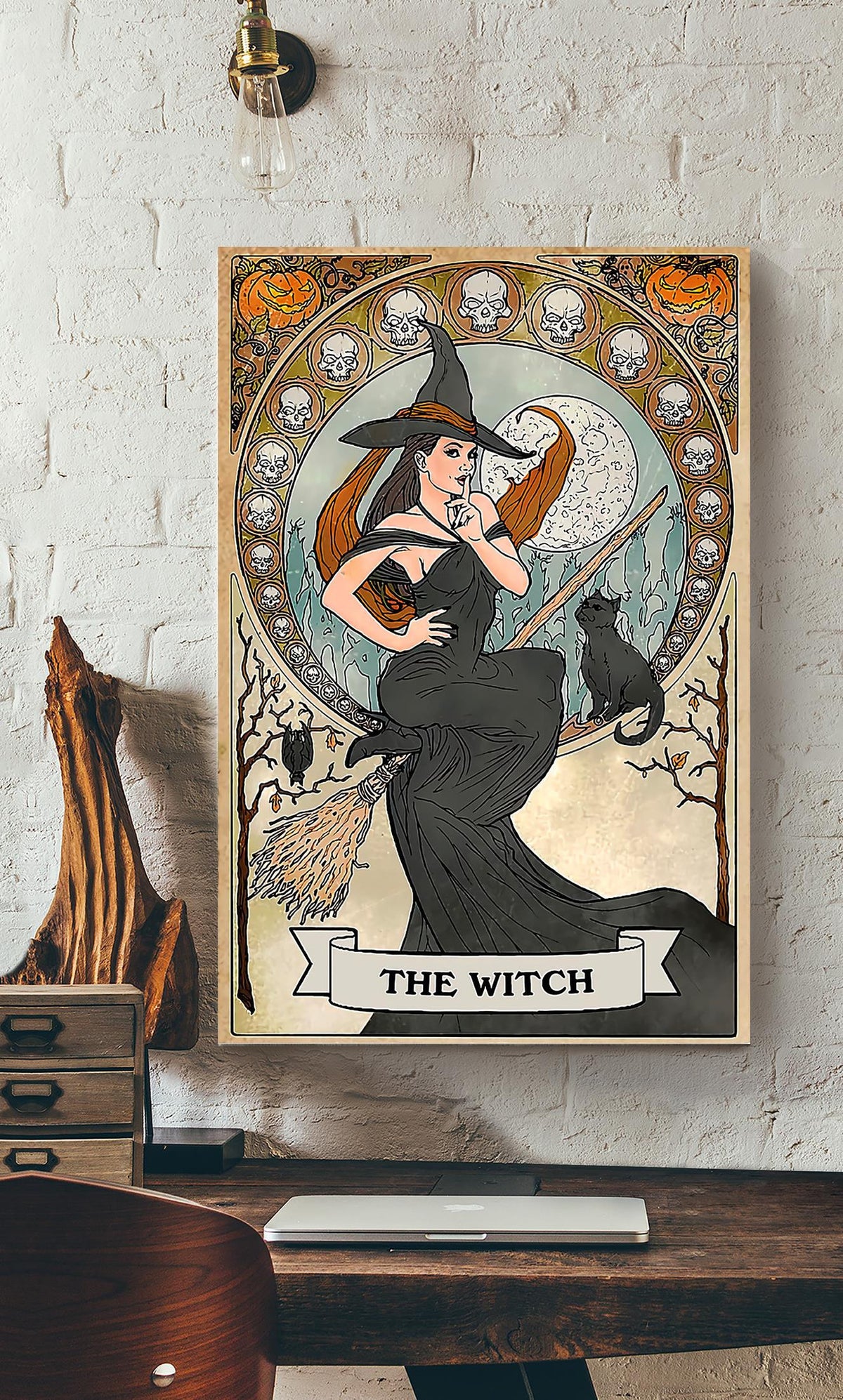 Witch On Bloom With Black Cat Gallery Canvas Wall ArtGift For Halloween Canvas Gallery Wrapped Canvas Framed Gift Idea Framed Prints, Canvas