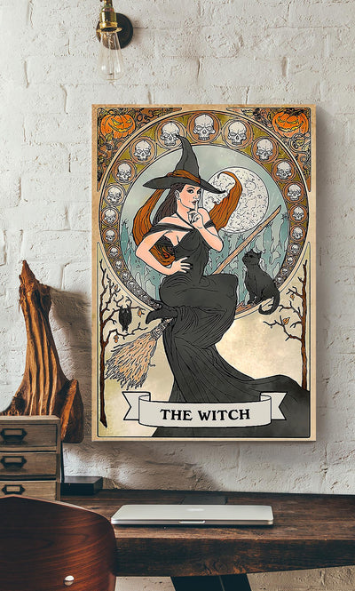 Witch On Bloom With Black Cat Gallery Canvas Wall ArtGift For Halloween Canvas Gallery Wrapped Canvas Framed Gift Idea Framed Prints, Canvas
