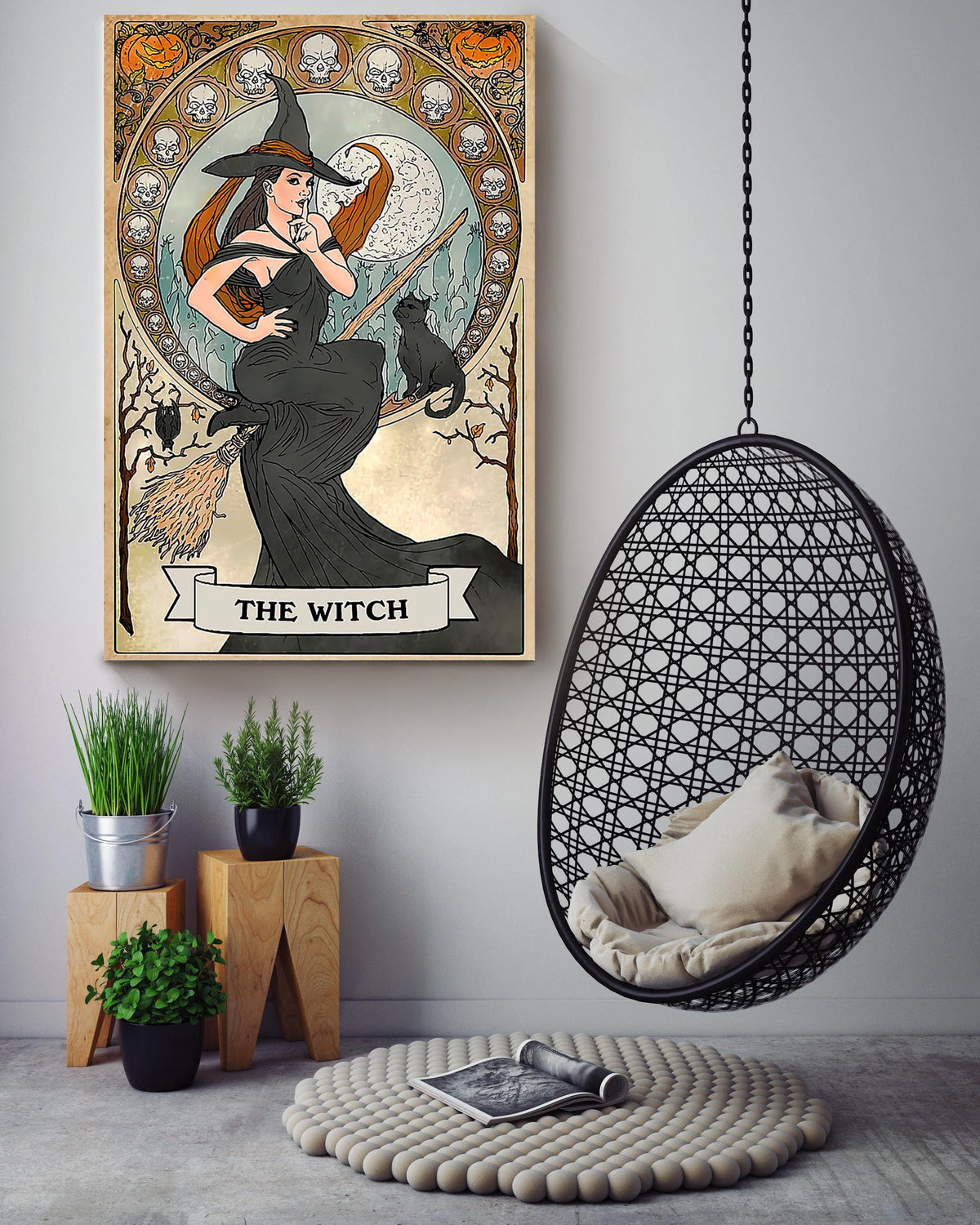 Witch On Bloom With Black Cat Gallery Canvas Wall ArtGift For Halloween Canvas Gallery Wrapped Canvas Framed Gift Idea Framed Prints, Canvas