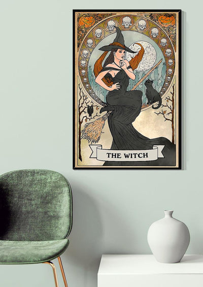 Witch On Bloom With Black Cat Gallery Canvas Wall ArtGift For Halloween Canvas Gallery Wrapped Canvas Framed Gift Idea Framed Prints, Canvas