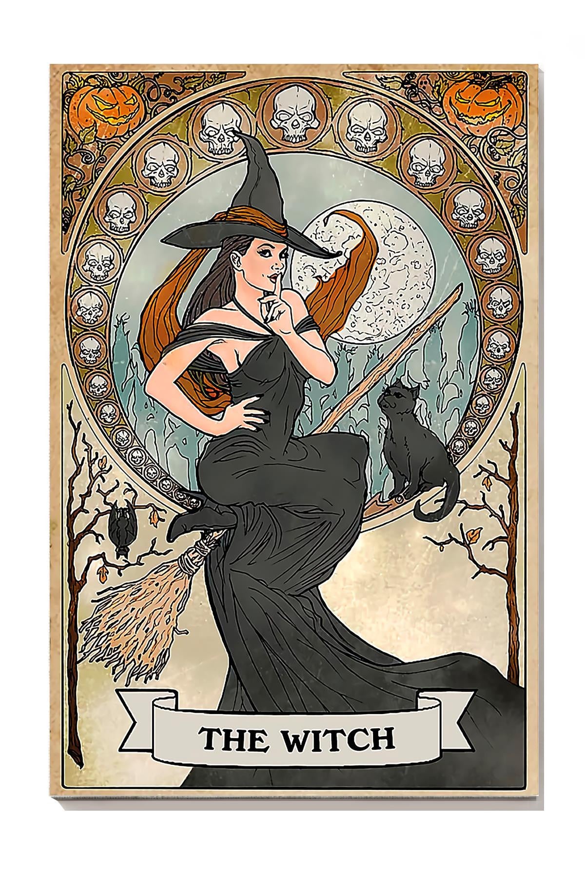 Witch On Bloom With Black Cat Gallery Canvas Wall ArtGift For Halloween Canvas Gallery Wrapped Canvas Framed Gift Idea Framed Prints, Canvas