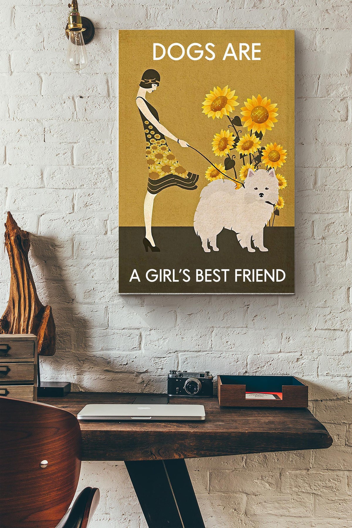 Sunflower Vintage Friend American Eskimo Dog Print Canvas Gallery Canvas Wall ArtPoster Anniversary Birthday Christmas Housewarming Gift Home Canvas Gallery Wrapped Canvas Framed Gift Idea Framed Prints, Canvas
