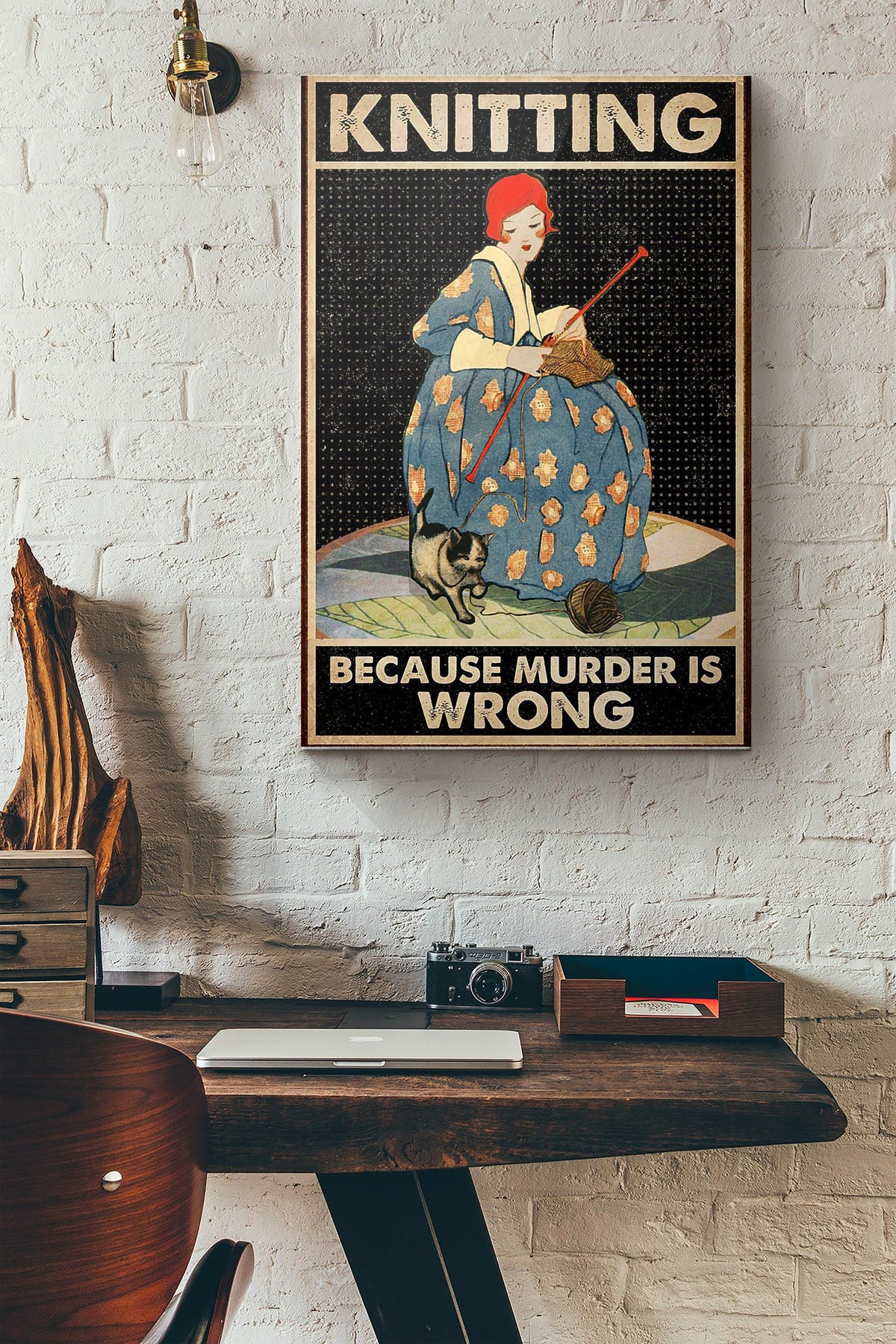 Cat Girl Knitting Because Murder Is Wrong Canvas Ideas, Canvas Hanging Prints,  Gift Idea Framed Prints, Canvas