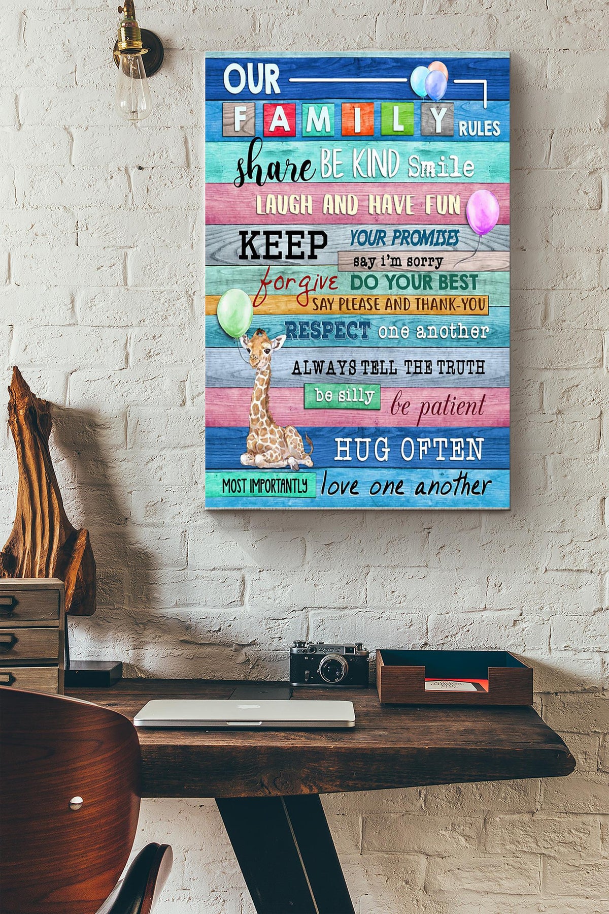 Giraffe - Our Family Rules Wrapped Canvas