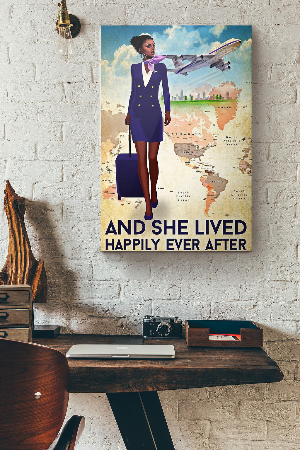 Black Girl Navy Style Flight Attendant And She Lived Happily Ever After Canvas Ideas, Canvas Hanging Prints,  Gift Idea Framed Prints, Canvas