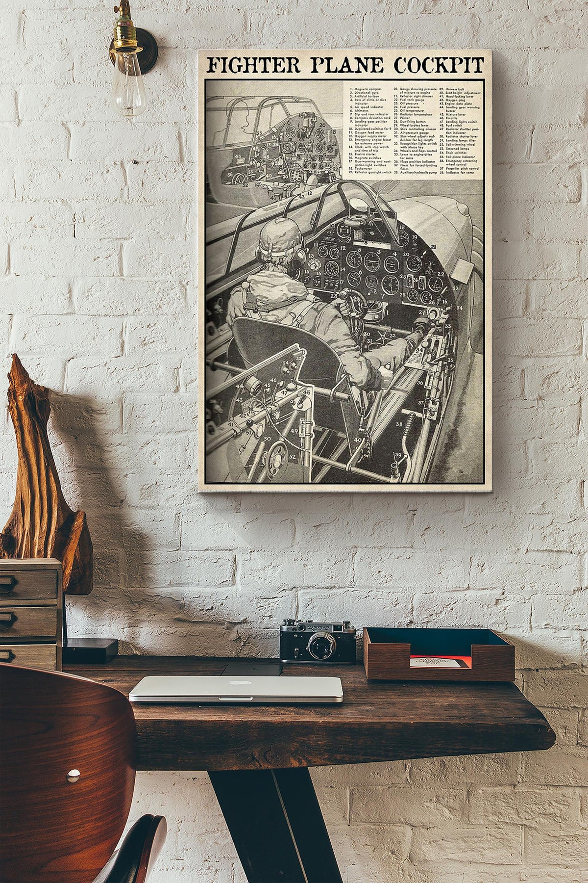 Fighter Plane Cockpit Poster - Aviation Knowledge Wall Art - Gift For Flight Engineer Control Tower Pilot Soldier Wrapped Canvas Framed Prints, Canvas