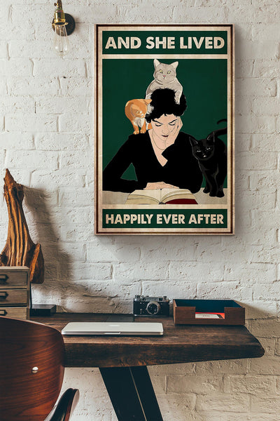 Cat Lovers Reading Books And She Lived Happily Ever After Canvas Ideas, Canvas Hanging Prints, Gift Idea Framed Prints, Canvas
