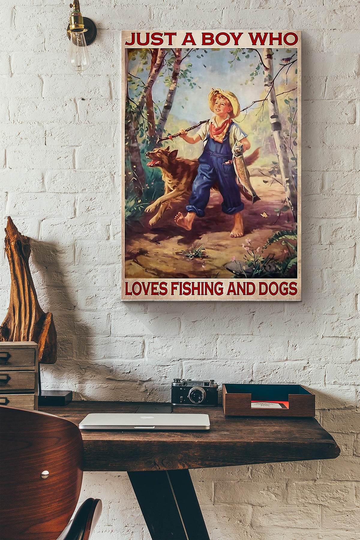 Fishing Just A Boy Who Loves Fishing And Dogs Wrapped Canvas
