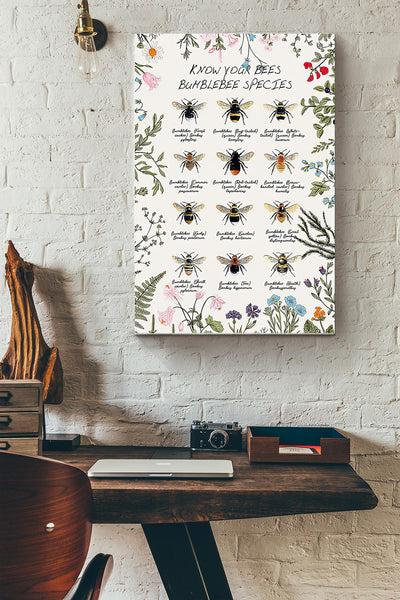 Bee Knowledge Bumblebee Species Poster - Animal Knowledge Wall Art Canvas - Gift For Gir Women Female Male Boy Men Gardener Beekeeper Bee Lover Biologist Gardenkeeper Wrapped Canvas Framed Prints, Canvas
