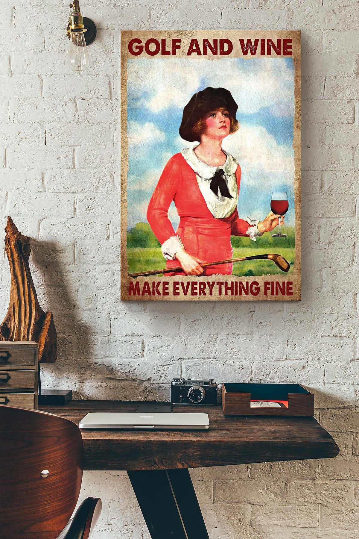 Golf And Wine Make Everything Fine Vintage Woman Canvas Ideas, Canvas Hanging Prints, Gift Idea Framed Prints, Canvas