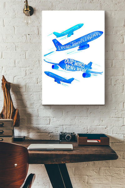 Blue Airplane Dream Travel Discover Poster - Aviation Knowledge Wall Art - Gift For Flight Engineer Control Tower Worker Pilot Explorer Wrapped Canvas Framed Prints, Canvas