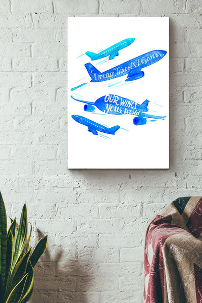 Blue Airplane Dream Travel Discover Poster - Aviation Knowledge Wall Art - Gift For Flight Engineer Control Tower Worker Pilot Explorer Wrapped Canvas Framed Prints, Canvas