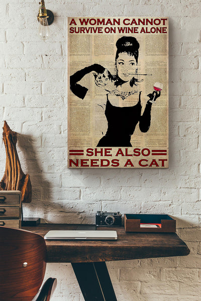 A Women Cannot Survive On Wine Alone She Also Needs A Cat Dictionary Canvas Ideas, Canvas Hanging Prints,  Gift Idea Framed Prints, Canvas