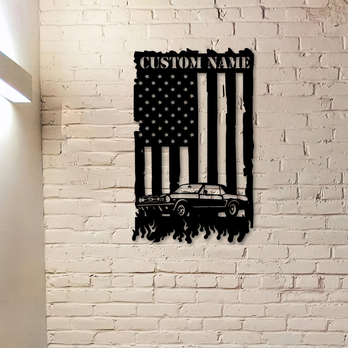 1968 Ford Mustang Metal Sign, Classic Muscle Car Wall Art with American Flag, Garage Decor Gift for Dad