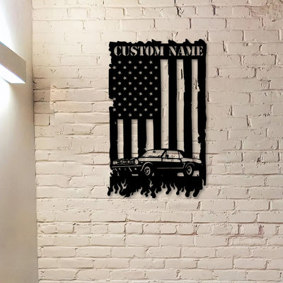 1968 Ford Mustang Metal Sign, Classic Muscle Car Wall Art with American Flag, Garage Decor Gift for Dad
