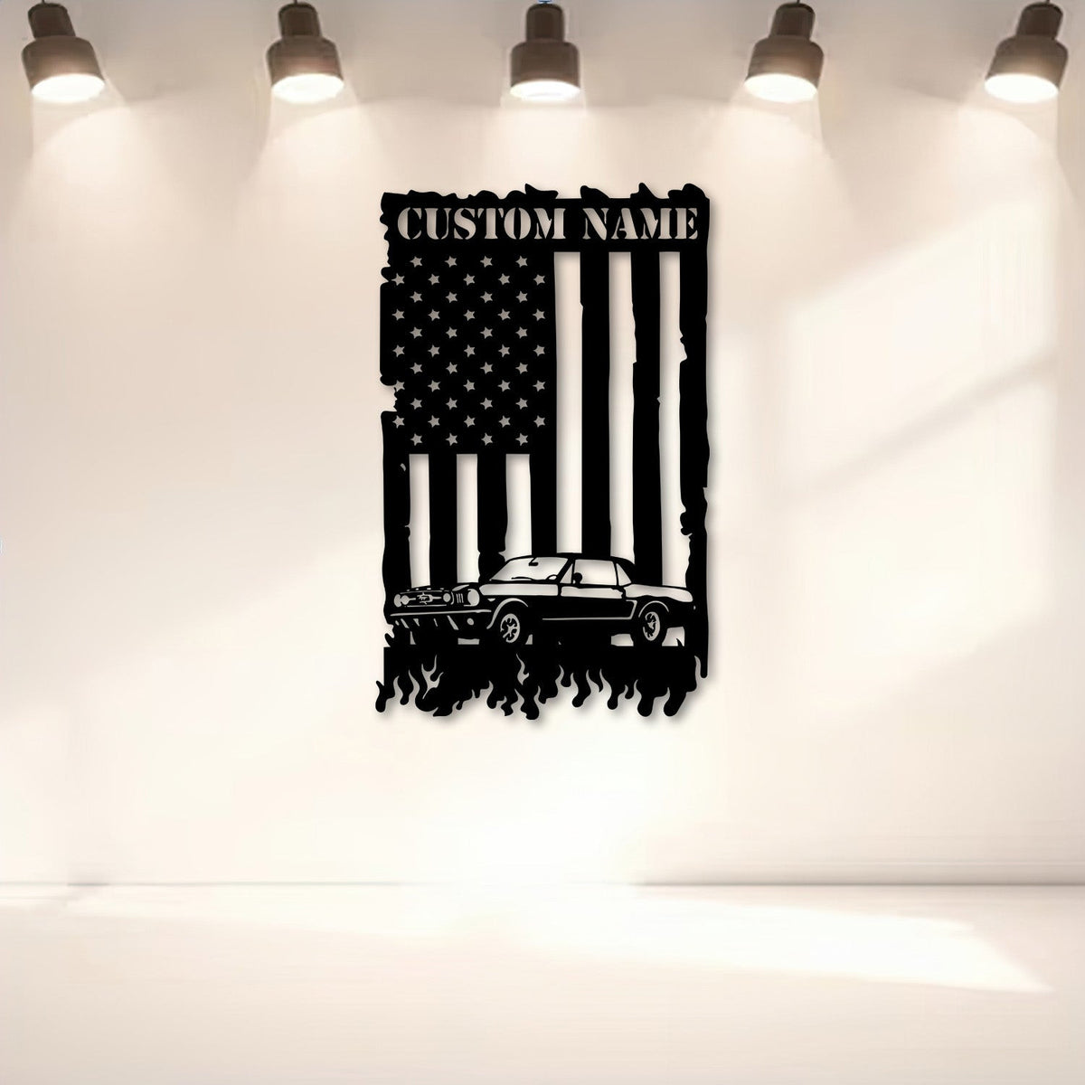 1968 Ford Mustang Metal Sign, Classic Muscle Car Wall Art with American Flag, Garage Decor Gift for Dad