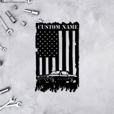 1968 Ford Mustang Metal Sign, Classic Muscle Car Wall Art with American Flag, Garage Decor Gift for Dad