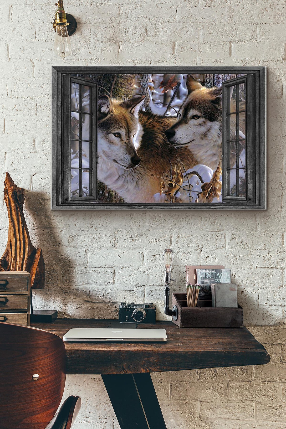 Window View Couple Wolf In The Snow Forest Canvas Ideas, Canvas Hanging Prints,  Gift Idea Framed Prints, Canvas