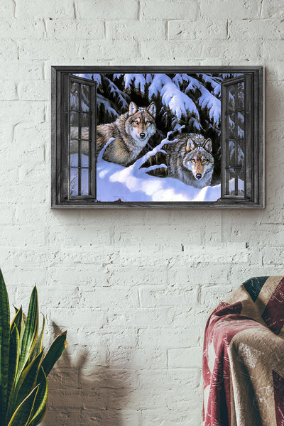 Window View Couple Wolf In The Snow Forest Hunting Canvas Ideas, Canvas Hanging Prints,  Gift Idea Framed Prints, Canvas