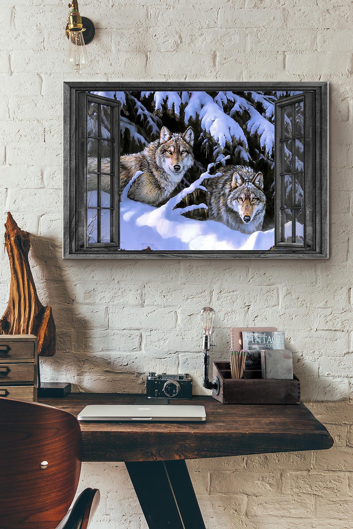 Window View Couple Wolf In The Snow Forest Hunting Canvas Ideas, Canvas Hanging Prints,  Gift Idea Framed Prints, Canvas